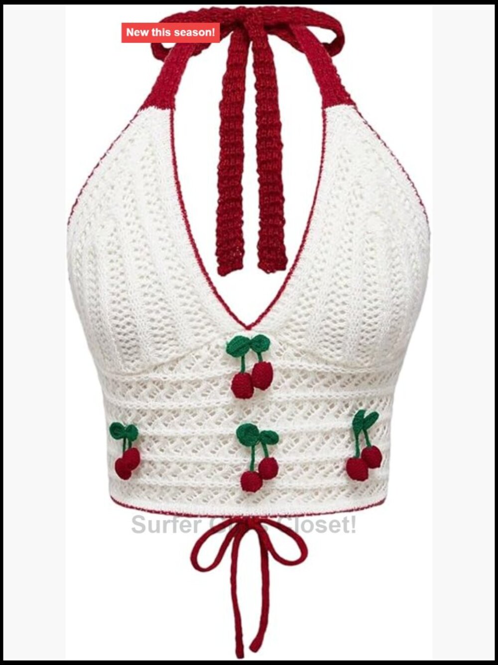Crochet Knit Halter Crop Top Cherry Decor Tie Knot Back Sleeveless